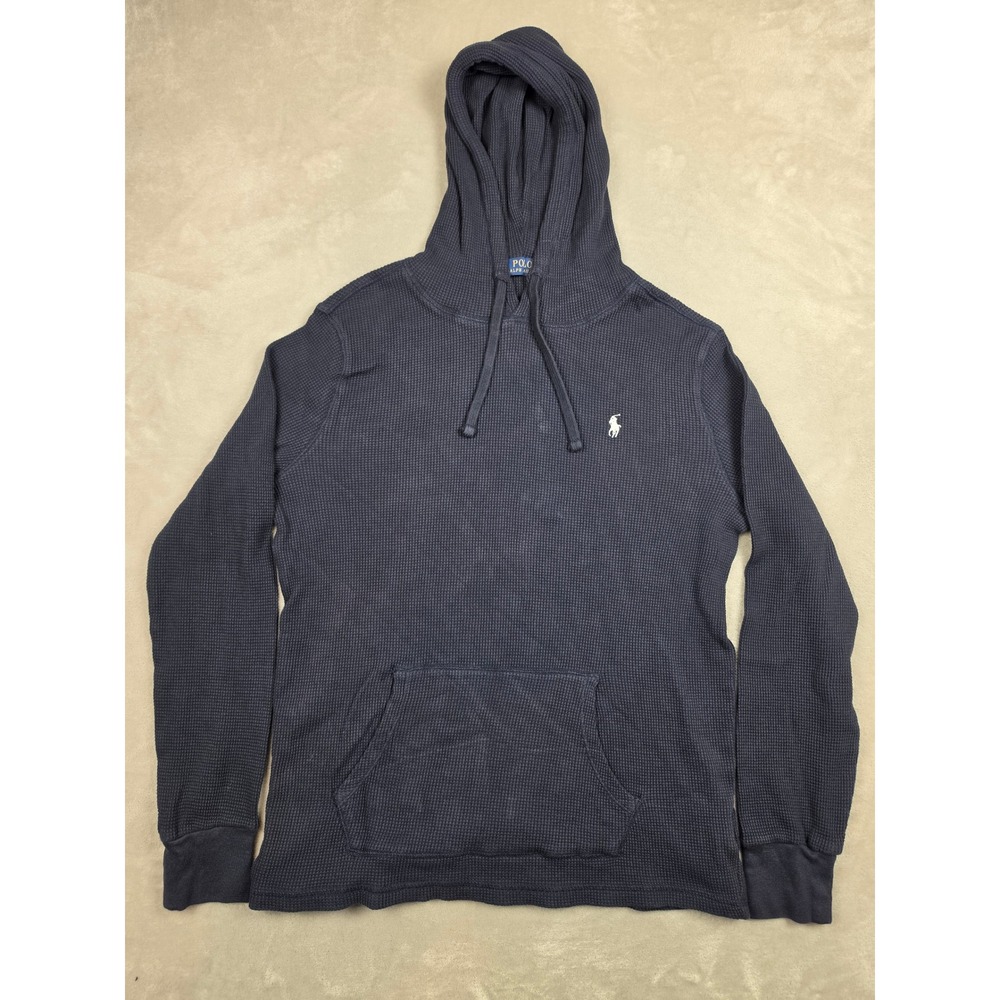 Polo Ralph Lauren Waffle Knit Hoodie Mens Large Blue Thermal Pullover *Read